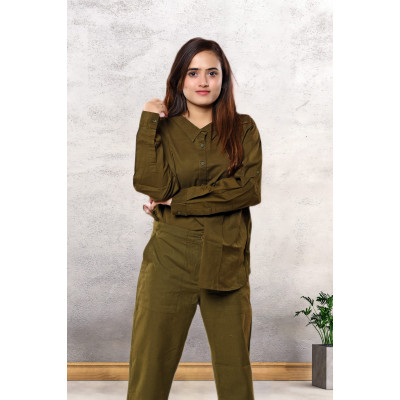 Olive Green Cotton-Linen Co-Ord Set For Women