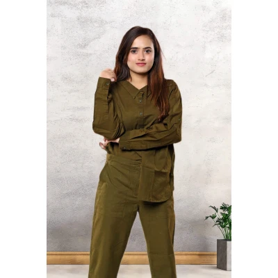 Olive Green Cotton-Linen Co-Ord Set For Women