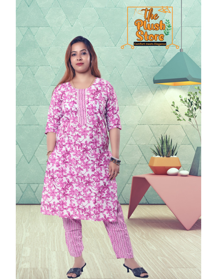 A model wearing Purple Printed Pure Cotton Two Piece Set For Women A model wearing Purple Printed Pure Cotton Two Piece Set For Women