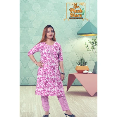 Purple Printed Pure Cotton Two Piece Set For Women