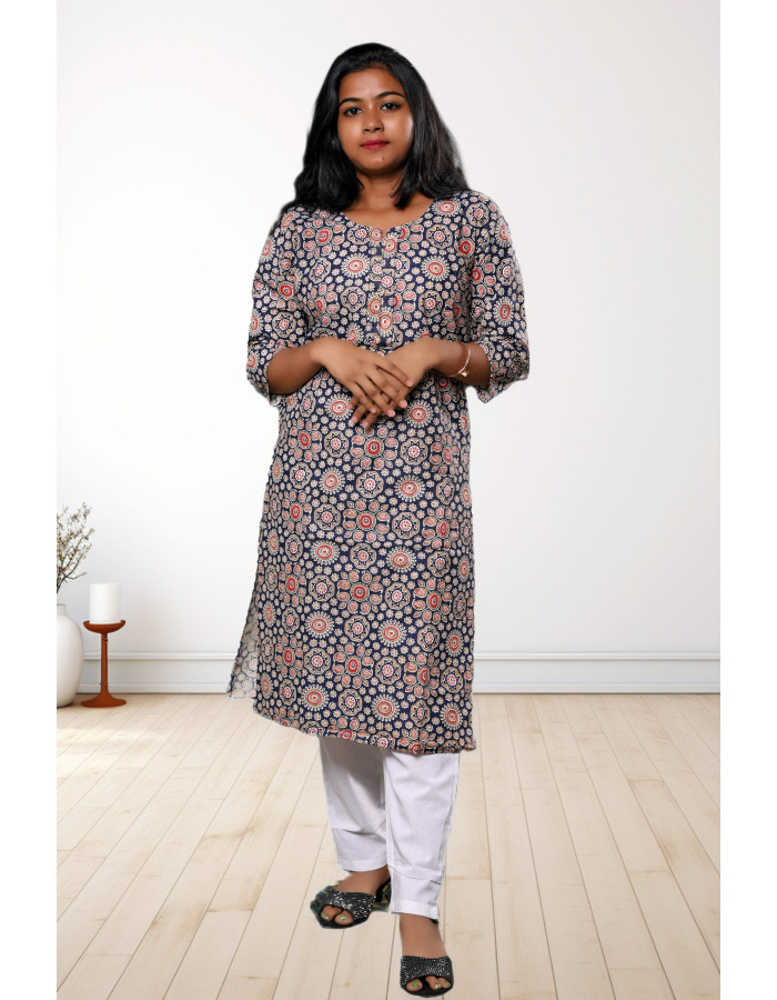 A model wearing Pure Cotton Printed Kurti For Women in blue printed colour A model wearing Pure Cotton Printed Kurti For Women in blue printed colour