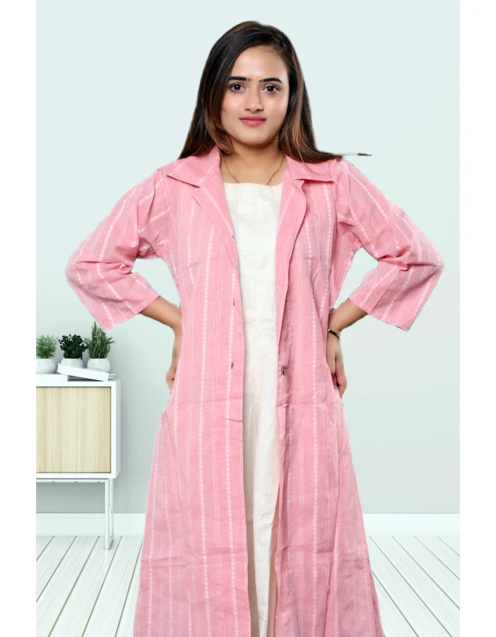 A model wearing Two Piece Pure Khadi Cotton Dress With Jacket A model wearing Two Piece Pure Khadi Cotton Dress With Jacket