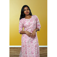 Pure Cotton Printed Kurti For Women in White Pink Printed