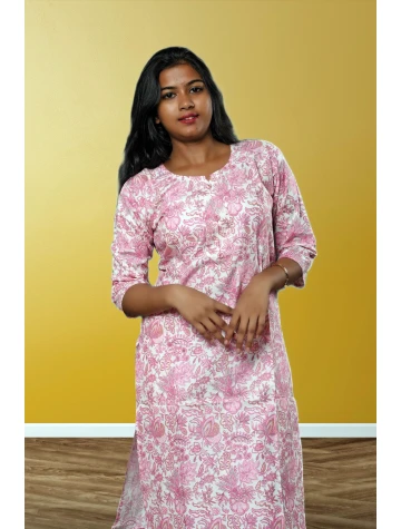 Pure Cotton Printed Kurti For Women in White Pink Printed  Pure Cotton Printed Kurti For Women in White Pink Printed data-sizes=