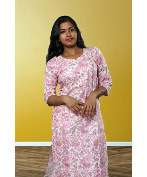 Pure Cotton Printed Kurti For Women in White Pink Printed