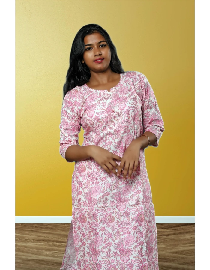 Pure Cotton Printed Kurti For Women in White Pink Printed