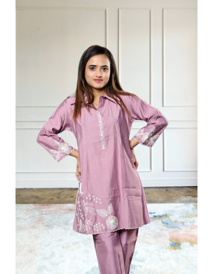 Pure crepe embroidered lavender co-ord set for women
