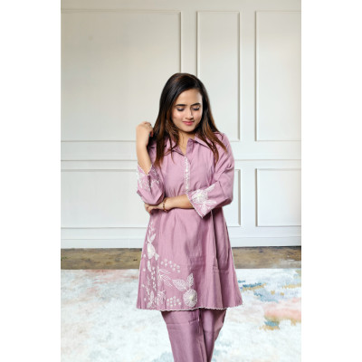 Pure crepe embroidered lavender co-ord set for women