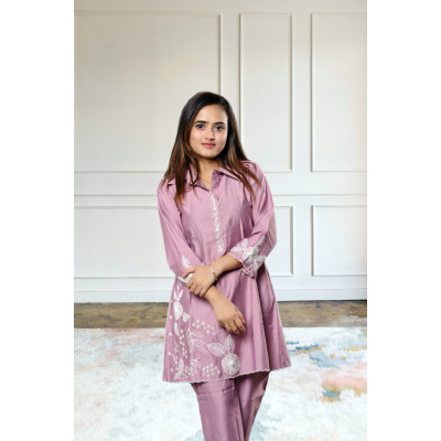 Pure crepe embroidered lavender co-ord set for women