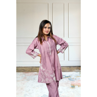 Pure crepe embroidered lavender co-ord set for women