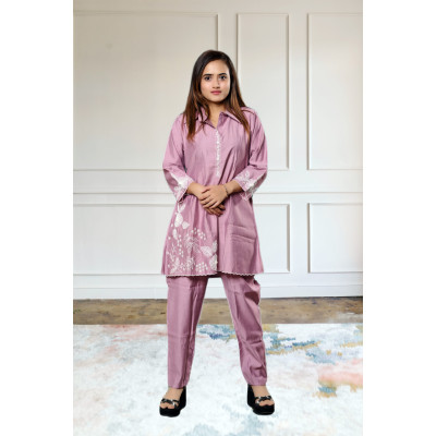 Pure crepe embroidered lavender co-ord set for women