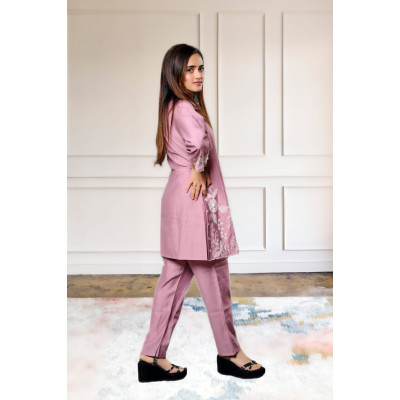 Pure crepe embroidered lavender co-ord set for women