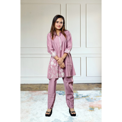 Pure crepe embroidered lavender co-ord set for women