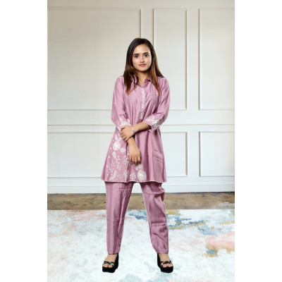 Pure crepe embroidered lavender co-ord set for women