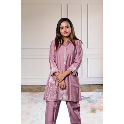 Pure crepe embroidered lavender co-ord set for women