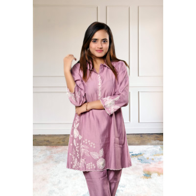 Pure crepe embroidered lavender co-ord set for women