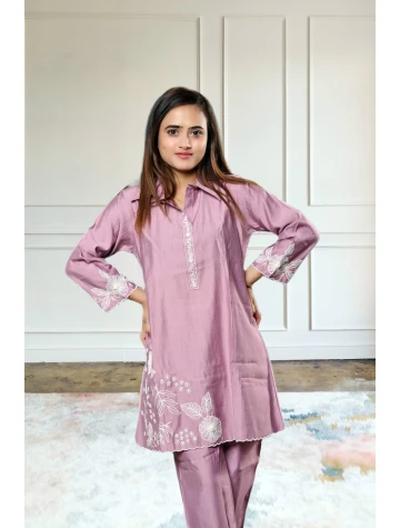 Pure crepe embroidered lavender co-ord set for women  Pure crepe embroidered lavender co-ord set for women data-sizes=