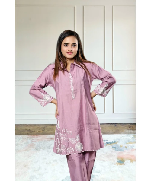 Pure crepe embroidered lavender co-ord set for women