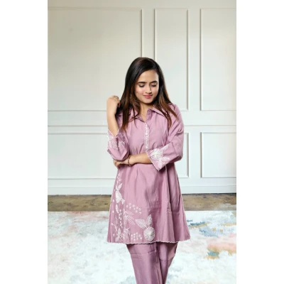 Pure crepe embroidered lavender co-ord set for women