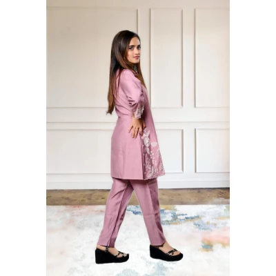 Pure crepe embroidered lavender co-ord set for women