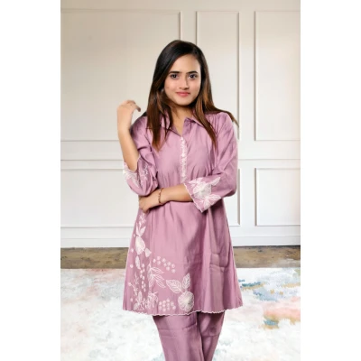 Pure crepe embroidered lavender co-ord set for women