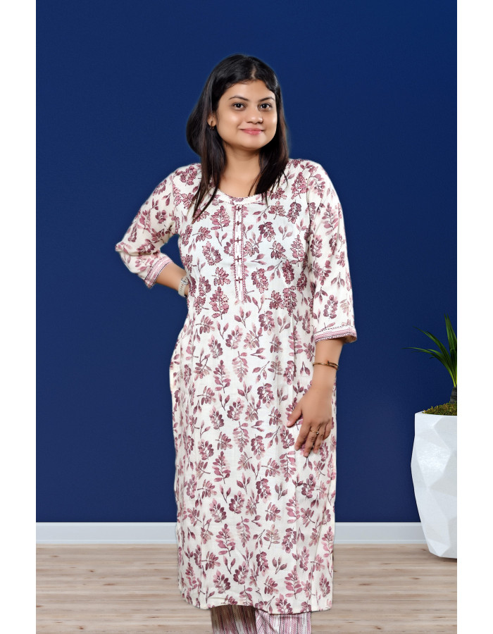Floral Kurti Pant Set in White for Women