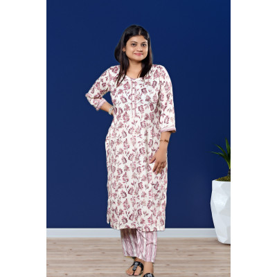 Floral Kurti Pant Set in White for Women