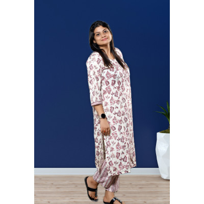 Floral Kurti Pant Set in White for Women