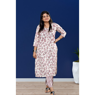 Floral Kurti Pant Set in White for Women