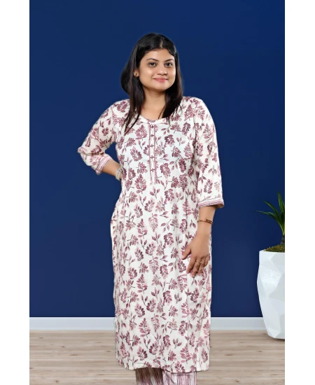 Floral Kurti Pant Set in White for Women