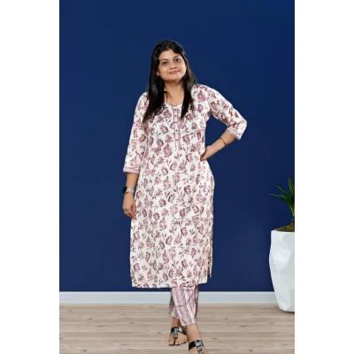 Floral Kurti Pant Set in White for Women