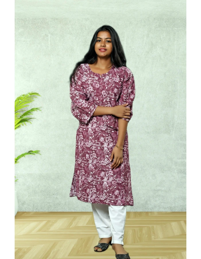 A model wearing Cotton Violet Kurti for Women A model wearing Cotton Violet Kurti for Women