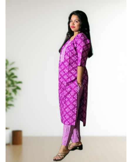 Lavender Pure Cotton Kurti Straight Pant Set For Women