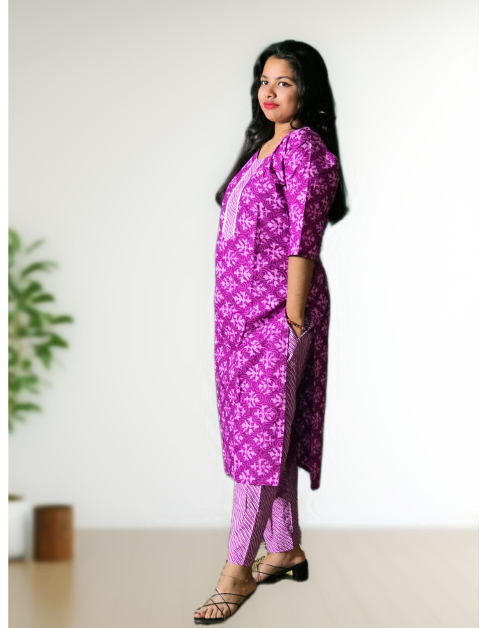 Lavender Pure Cotton Kurti Straight Pant Set For Women
