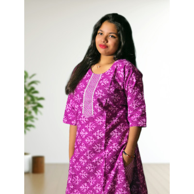 Lavender Pure Cotton Kurti Straight Pant Set For Women