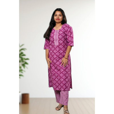 Lavender Pure Cotton Kurti Straight Pant Set For Women