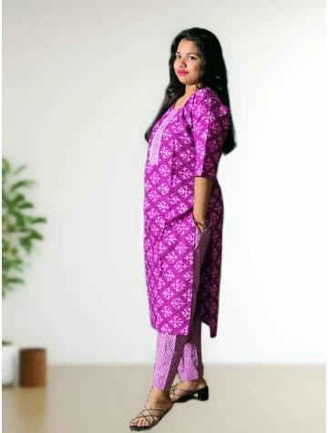 Lavender Pure Cotton Kurti Straight Pant Set For Women  Lavender Pure Cotton Kurti Straight Pant Set For Women data-sizes=