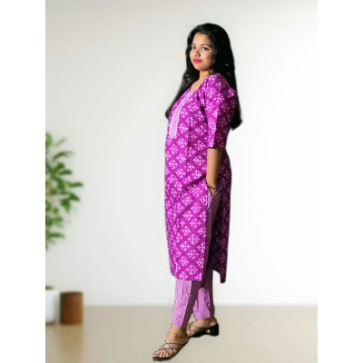 Lavender Pure Cotton Kurti Straight Pant Set For Women