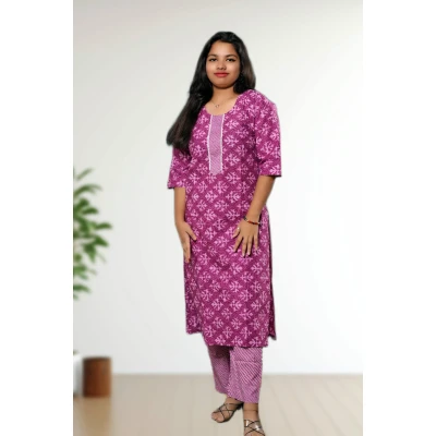 Lavender Pure Cotton Kurti Straight Pant Set For Women