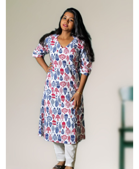 Pure Cotton Fish Print Unique Katha Kurti