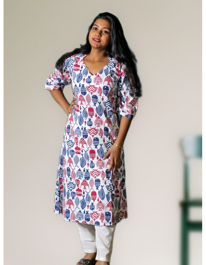Pure Cotton Fish Print Unique Katha Kurti Pure Cotton Fish Print Unique Katha Kurti