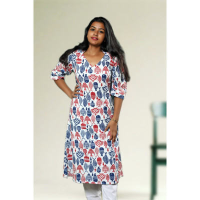 Pure Cotton Fish Print Unique Katha Kurti