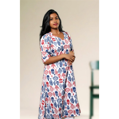 Pure Cotton Fish Print Unique Katha Kurti