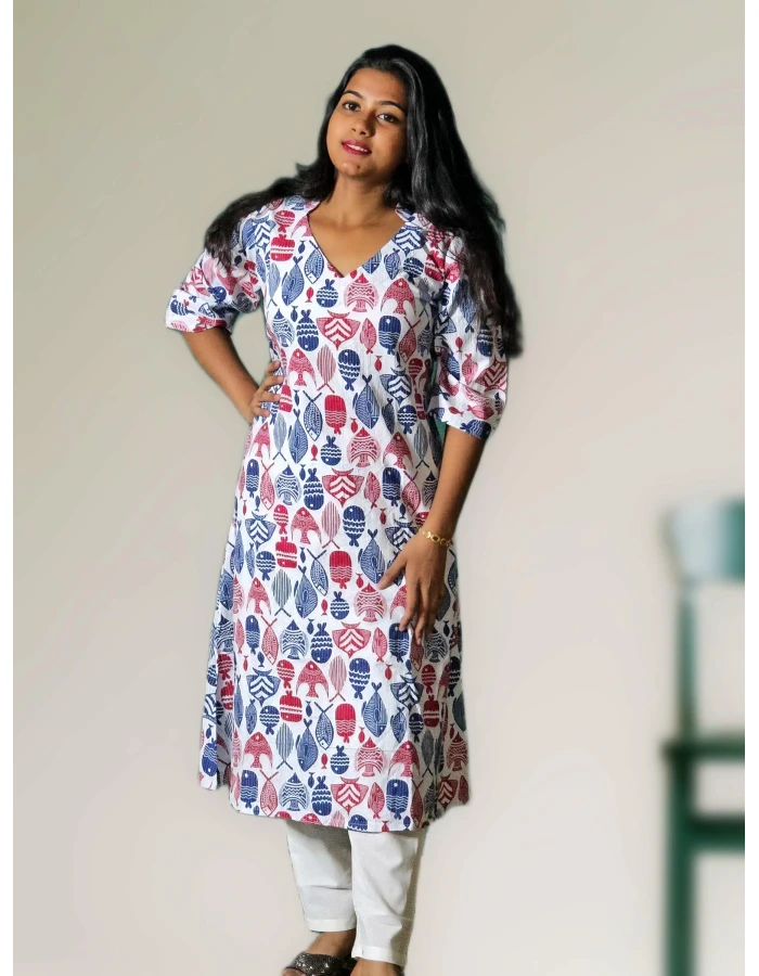 A model wearing Pure Cotton Fish Print Unique Katha Kurti A model wearing Pure Cotton Fish Print Unique Katha Kurti