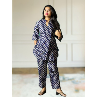 Pure Cotton Navy Blue Printed Co-ord Set For Women