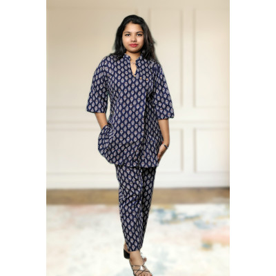Pure Cotton Navy Blue Printed Co-ord Set For Women