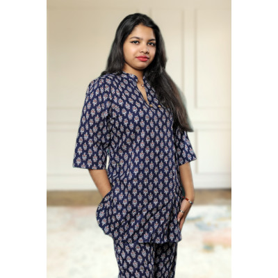Pure Cotton Navy Blue Printed Co-ord Set For Women