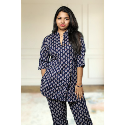 Pure Cotton Navy Blue Printed Co-ord Set For Women