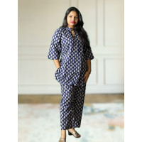 Pure Cotton Navy Blue Printed Co-ord Set For Women