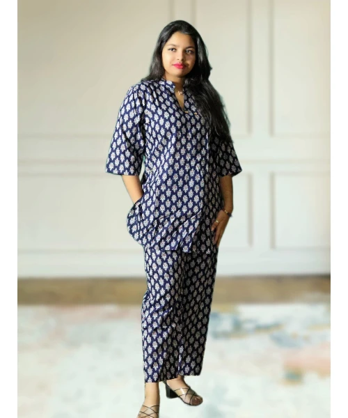 Pure Cotton Navy Blue Printed Co-ord Set For Women